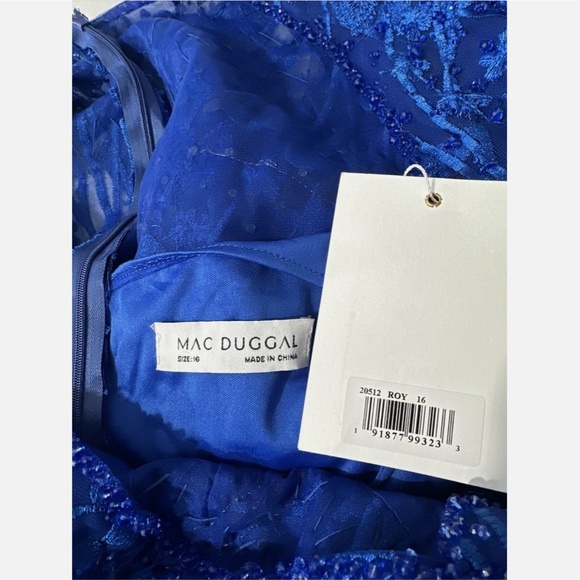 NWT $798 Mac Duggal [ 16 ] V Neck Mesh Puff Sleeve A Line Embellished Dress Blue - Picture 3 of 16